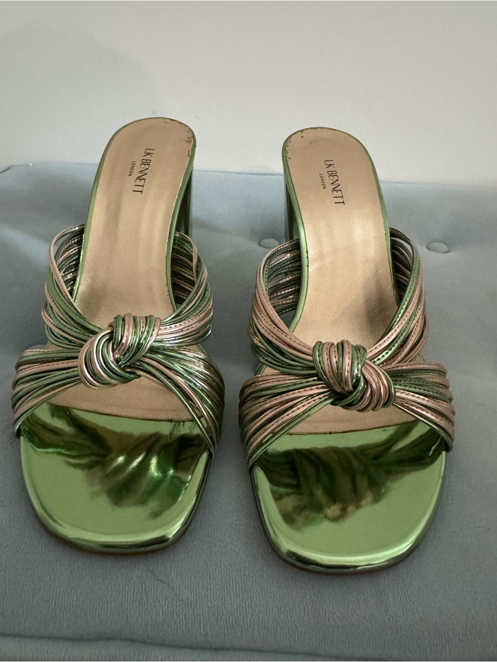 LK Bennett Shimmering Green and Rose-Knot Slide Mules